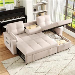 Bladez Divano letto a forma di L, divano ad angolo allungabile, Linen, Chaise Longue con vano portaoggetti, porta bevande estraibile, divano modulare a 3 posti per soggiorno (beige)