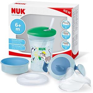 NUK Set per imparare a bere 3 in 1 con tazza da allenamento (6 mesi), tazza Magic Cup a 360° (8+M) e borraccia (12+M) | 230 ml | senza BPA | leopardato verde