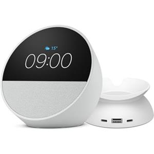 Amazon Echo Spot | Sveglia intelligente con audio di qualità e Alexa + Nuovo supporto da tavolo con porte di ricarica USB-C e USB-A per Echo Spot