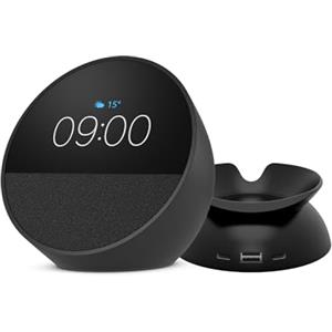 Amazon Echo Spot | Sveglia intelligente con audio di qualità e Alexa + Nuovo supporto da tavolo con porte di ricarica USB-C e USB-A per Echo Spot