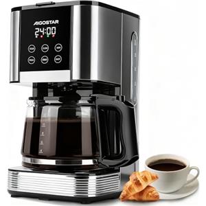 Aigostar - Macchina Caffè Americano, 1000W, Programmabile 24h con Display LCD, Autopulizia, 1.5L (12 Tazze), Regolazione Intensità, Filtro Riutilizzabile, Antigoccia, Piastra Riscaldante, BPA FREE