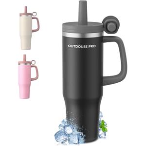 OUTDOUSE PRO 1200ml Tazza Termica con Cannuccia, Borraccia con Manico, 1.2L Tazze Isolate, Tazza Termica per Auto in Acciaio Inox a Doppia Parete per Bevande Calde, Fredde per Acqua, Caffè, Nero