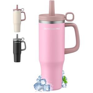 OUTDOUSE PRO 1200ml Tazza Termica con Cannuccia, Borraccia con Manico, 1.2L Tazze Isolate, Tazza Termica per Auto in Acciaio Inox a Doppia Parete per Bevande Calde, Fredde per Acqua, Caffè, Rosa