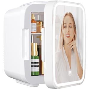 YASHE Mini Frigo per Camera, Frigo Skincare con Specchio LED, Piccolo Frigo da 4 L portatile, Termoelettrico, Riscaldatore e Raffreddatore 220V AC / 12V DC per Auto, Ufficio, Dormitorio (bianco)
