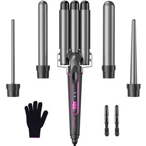 BESTOPE PRO Ferro arricciacapelli 3 fusti di ferro ondulato 5 in 1 - Set di 3 botte per onde grandi, regolazione della temperatura, riscaldamento rapido e guanto, 2 clip, Grigio