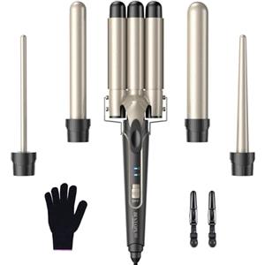 BESTOPE PRO Set Ferro Onda 5 in 1 - Include 3 cilindri in ceramica per creare grandi onde, inclusa regolazione della temperatura, riscaldamento rapido e guanto, 2 clip, oro rosa