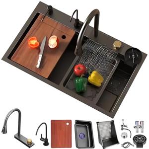 Generic Lavello A Cascata, Lavello Da Cucina In Acciaio Inox Nero, Postazione Di Lavoro A Una Vasca Con Lavabicchieri, Cestello Di Scarico E Rubinetto Estraibile, Lavello Da Montare In Alto, Con Rivestimento