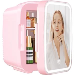 YASHE Mini Frigo per Camera, Frigo Skincare con Specchio LED, Piccolo Frigo da 4 L portatile, Termoelettrico, Riscaldatore e Raffreddatore 220 V AC / 12 V DC per Auto, Ufficio, Dormitorio (Rosa)