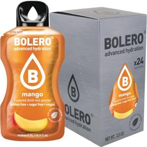 Bolero Drink 24 Bustine 3 gr grammi Sticks Frutta Preparato Polvere Solubile Per Bevanda Fresca in Acqua Prodotto, 72 grammi dolcificato alla stevia (Mango)