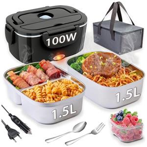 Nifogo Scaldavivande Elettrico 100W Lunch Box Elettrica 3 in 1 Contenitore Portavivande 1,5Lx2 l'ufficio, casa, Auto, Camion 12V 24V e 230V con Grigio Borsa isolante e Set di Posate