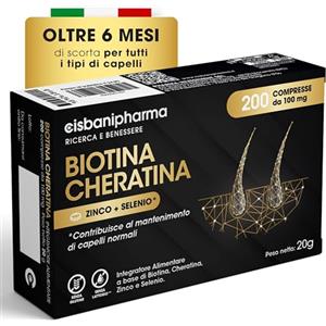 CISBANI PHARMA Biotina Cheratina - Integratore Capelli e Rinforzante per Unghie, con Zinco e Selenio - 200 Compresse da 100 mg, Oltre 6 Mesi di Scorta - Senza Glutine e Lattosio