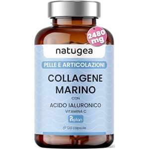 Natugea Collagene Marino con Acido Ialuronico - Integratore di Collagene Idrolizzato per Articolazioni, Ossa e Pelle con Vitamina C, Favorisce la Mobilità, Privo di OGM, 120 Capsule, Made in Italy