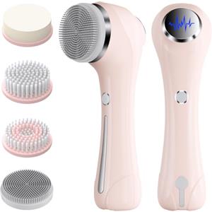 Rkdely Spazzola Pulizia Viso, 3-In-1 Massaggiatore Viso con EMS e riscaldamento, Spazzola Viso Elettrica con 4 Testine Intercambiabili per Pulizia Profonda, Per Detergere In Profondità (Rosa)