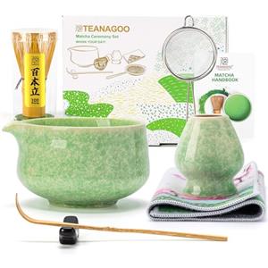 TEANAGOO Set di fruste Matcha, 7 pezzi, verde, kit per cerimonia matcha, set da tè matcha per fare latte, ciotola in ceramica (chawan) con beccuccio e frusta, regalo per gli amanti del matcha