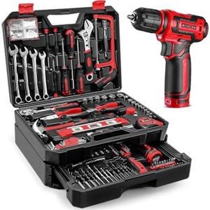 DEKO Cassetta Attrezzi Completa Elettriche: DEKO 238 Pezzi con Trapano a Batteria 12V, Valigetta Attrezzi con Set Completo di Punte, Rosso