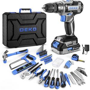 DEKO Cassetta Attrezzi Completa con Trapano Avvitatore Batteria 20V, 186 Pezzi, Set Completo di Punte(Blu)