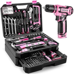 DEKO Cassetta Attrezzi Completa con Trapano Avvitatore Batteria 12V, 238 Pezzi Valigetta Rosa con Set Completo di Punte
