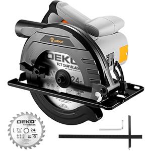 DEKOPRO Sega circolare per legno Sierra Circular 1200W: DEKOPRO Sega circolare con binario guida, Hoja de sierra Ø185mm(24T), Profondità massima di taglio 65mm (90°), 43mm (45°), Ideale per Tagliare Legno