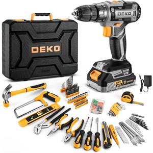 DEKO Cassetta Attrezzi Completa con Trapano Avvitatore Batteria 20V, 186 Pezzi, Set Completo di Punte