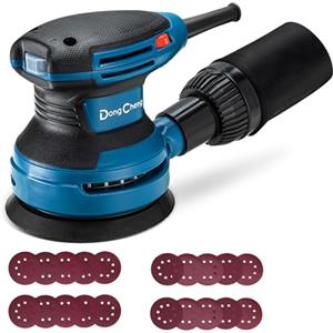 Dong Cheng Levigatrice eccentrica 380 W, 125 mm, 6 vel., orbitale 8000-12800 giri/min, con depolveratore, 20 dischi abrasivi, ideale per legno