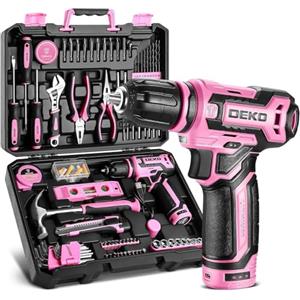 DEKO Cassetta Attrezzi Completa con Trapano Avvitatore Batteria 12V, 133 Pezzi Valigetta con Set Completo di Punte (Rosa)