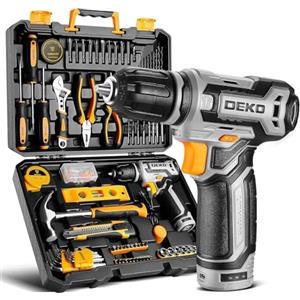DEKO Cassetta Attrezzi Completa con Trapano Avvitatore Batteria 12V, 133 Pezzi Valigetta con Set Completo di Punte (Grigio)