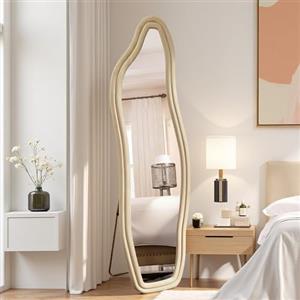 KRYZOR Specchio intero 160 x 50 cm, grande specchio irregolare con cornice in velluto, specchio asimmetrico, specchio decorativo da parete per soggiorno, bagno, corridoio, ingresso (giallo, 140 x 45