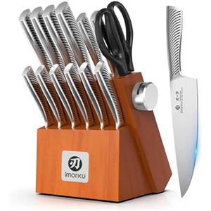 imarku Set Coltelli da Cucina Professionali, 14 Pezzi Coltelli Giapponesi in Acciaio Inossidabile Forgiato, Con Ceppo Coltelli in Legno e Affilatore, Impugnatura Antiscivolo per Cucina Masterchef