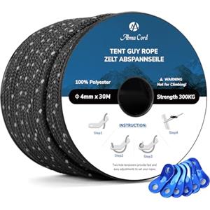 Abma Cord 30M Tiranti Tenda Corda Campeggio Riflettente 4mm con 6 PCS Tenditore in Alluminio - Max. 300kg - Riflettente Nero