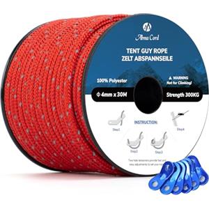 Abma Cord 30M Tiranti Tenda Corda Campeggio Riflettente 4mm con 6 PCS Tenditore in Alluminio - Max. 300kg - Riflettente Rosso