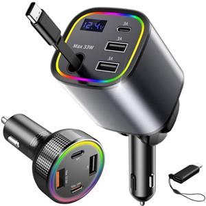 AGEMANY Caricatore Auto Accendisigari USB C (2pez), AGEMANY 4in1 Retrattile Caricatore con Cavo per Auto Cellulare & 4 Ports Rapido Caricatore Accendisigari Auto per iPhone Android, Auto Accessori 12V