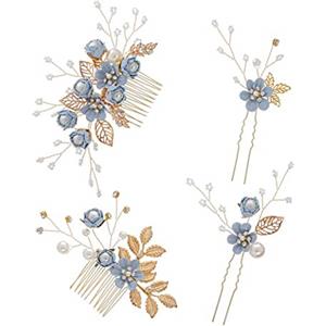 XLKJ 4 Pezzi Fiore Laterali Fermagli a Pettine，Pettine per Capelli Fiore Blu Pettine Laterale a Fiore