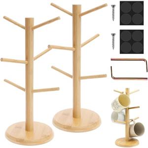 CAAGGMM Porta Tazze in Legno, 2 Pezzi Supporti per Pretzel, 35 cm Albero Portabicchieri Rimovibile, Tazzine da Appendere con 6 Ganci e Base Rinforzata, per Ristoranti, Caffetterie, Bar(Colore Legno)