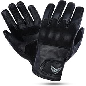 Leatherick Guanti da moto in pelle bovina da uomo - Guanti da moto resistenti, compatibili con touch screen con nocche in pelle scamosciata protettiva certificate CE (Nero, XL)