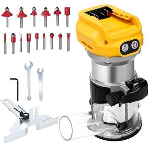YWNYT Router cordless compatibile con batteria Dewalt 18 V 20 V, 800 W 30000 giri/min trimmer per legno senza spazzole con 6 velocità, base in alluminio fresa con 15 punte per router da 1/4