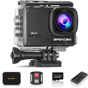 Apexcam 4K 60FPS EIS Action Cam 64MP Con Scheda di Memoria 64GB WiFi Sports Camera Ultra HD Telecamera subacquea 40M 2.4G Telecomando Time Lapse 2x1350mAh Batterie