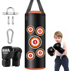 Ayolofei Sacco da Boxe per Bambini Vuoto, 60cm PU Sacco da Boxe Appeso con Guanti, Catene e Ganci di Fissaggio, Pugilato Set per Kickboxing e Fitness, Ragazzi e Ragazze Regalo