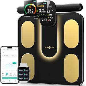 runstar Bilancia pesapersone digitale Runstar, Bilancia smart 8 elettrodi peso corporeo e grasso, BMI, massa muscolare, 28 misurazioni composizione corporea, LCD TFT a colori con maniglia retrattile
