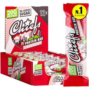 Chiefs® Protein Bar con 20g di proteine e 209kcal - Barretta proteica a basso contenuto di zucchero con molte proteine - 12 x 55g (Strawberry)