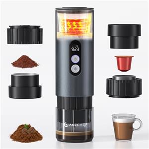 AMZCHEF Macchina Caffe Portatile 20 Bar - Ricaricabile USB-C, Compatibile con Capsule e Caffè Macinato - Macchina da caffè espresso elettrica portatile per Campeggio, Ufficio, Auto,Alluminio