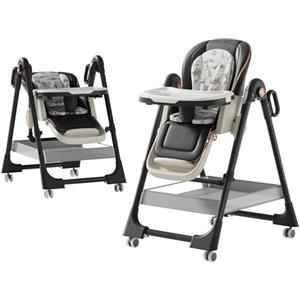 Magic ZC Pelle PU Seggiolone per Bambini Sedia da Pranzo per Multifunzionale Pappa Regolabili Convertibile Pieghevole con Doppi Vassoi Staccabili e Ruote (X8122 Deep Grey)