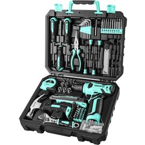 Deko Cassa porta attrezzi completa con cacciavite elettrico/trapano con batteria da 8 V, valigetta da 126 pezzi, cassetta professionale di attrezzi domestici per bricolage, ufficio e giardino, ciano