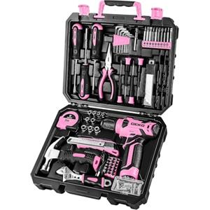 DEKO Cassetta Attrezzi Completa Rosa con Trapano Avvitatore Batteria 8V, 126 Pezzi, Set Completo di Punte