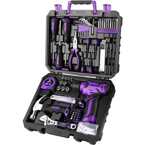 DEKO Cassetta Attrezzi Completa con Trapano Avvitatore Batteria 8V, 126 Pezzi Valigetta con Set Completo di Punte - Violet