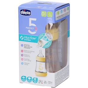 Chicco PERFECT 5 Biberon Anticolica 150 ml, Biberon Flusso Lento, 0 Mesi +, con Tettarella in Morbido Silicone, Biberon Biofunzionale con Intui-flow System da 150 ml, Giallo