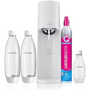SodaStream Terra Megapack bianco,Gasatore d'acqua per trasformare l'acqua in acqua frizzante, incluso cilindro contente Co2,2 bottiglie da 1 litro,1 bottiglia da mezzo litro,28,8x19.5x 43.6 centimetri