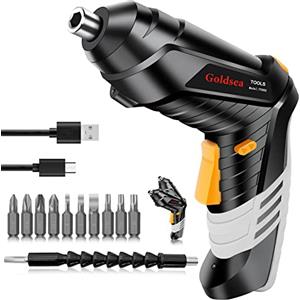 Goldsea Avvitatore a Batteria 1.5Ah 4.2V, 3.5 Nm Cacciavite Elettrico con Angolo Regolabile 90°-180°, Luci LED, Caricatore Type-C, 1 Connettore - Per Fai da Te Domestico e Riparazioni