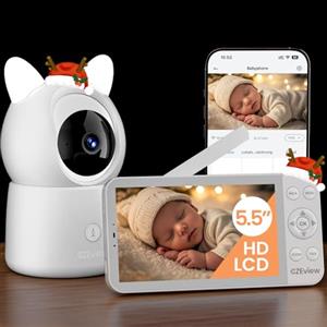 CZEview 5,5" 2.5K Baby Monitor Video e Audio, Luce Notturna & Musica, Telecamera Bambini, Controllo Tramite APP Mobile & Monitor (Bianco)