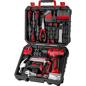 DEKO Cassetta Attrezzi Completa con Trapano Avvitatore Batteria 8V, 126 Pezzi Valigetta con Set Completo di Punte (Rosso)