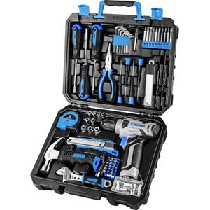 DEKO Cassetta Attrezzi Completa Blu con Trapano Avvitatore Batteria 8V, 126 Pezzi, Set Completo di Punte